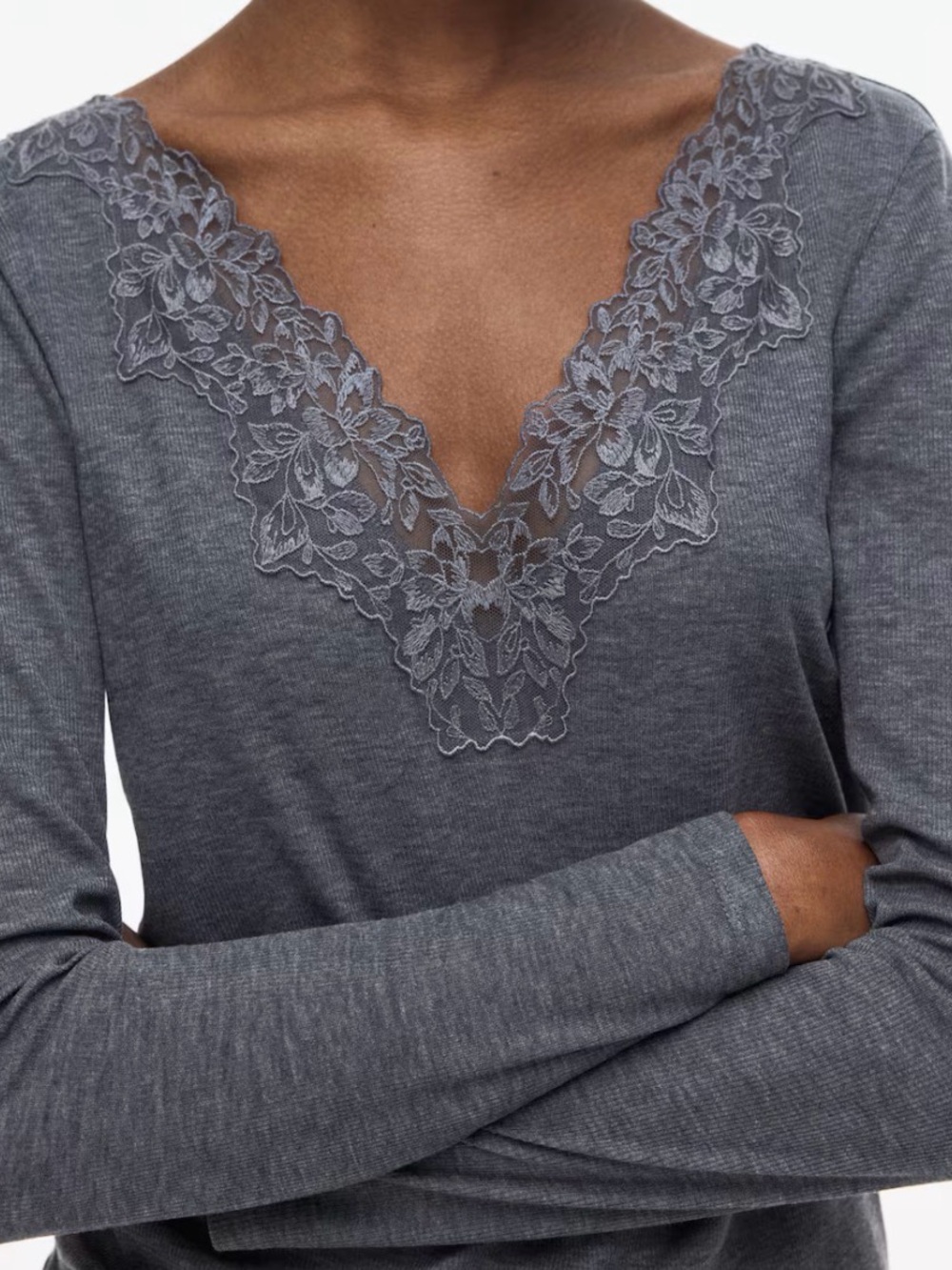 H&M Long-Sleeve Lace-Trim V-Neck Top Small